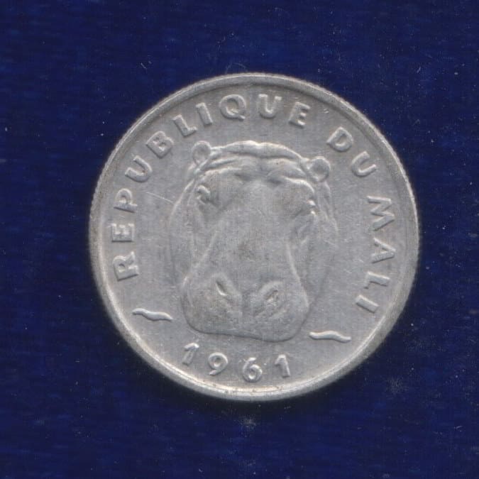 animal wildlife coin 1961 Mali 5 francs Hippopotamus