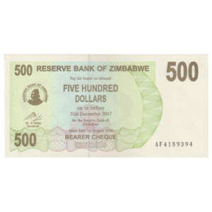 Zimbabwe 500 Dollars Bearer Cheque AUNC