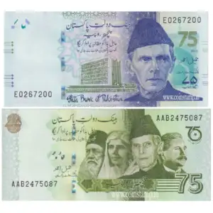 Pakistan 2 Different Commemorative 75 Rupees AUNC Set