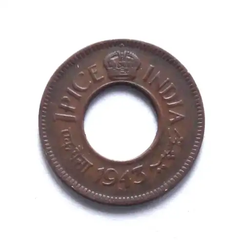 British India 1 Pice 1943 Round Crown Bombay Mint