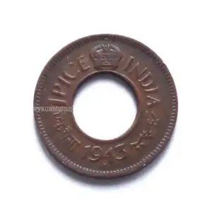 British India 1 Pice 1943 Round Crown Bombay Mint